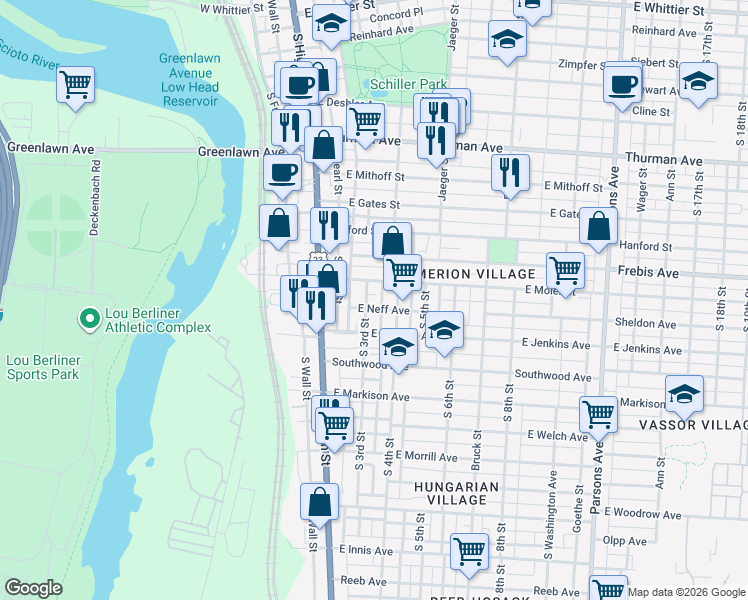 map of restaurants, bars, coffee shops, grocery stores, and more near 1364 South 3rd Street in Columbus
