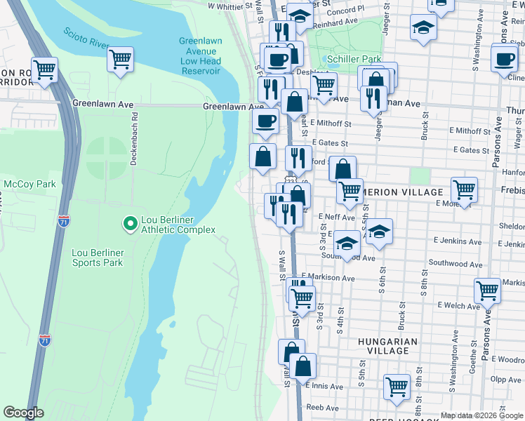 map of restaurants, bars, coffee shops, grocery stores, and more near 64 West Neff Avenue in Columbus