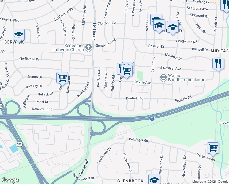 map of restaurants, bars, coffee shops, grocery stores, and more near 1786 Quigley Road in Columbus