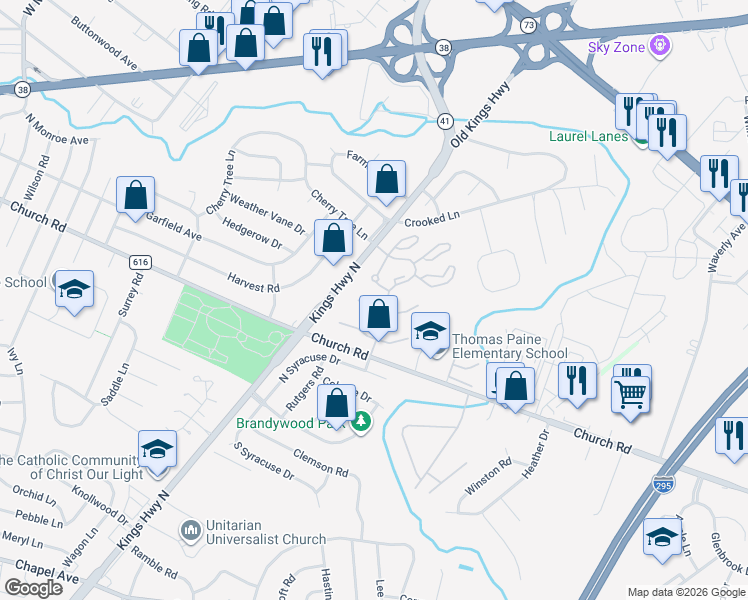map of restaurants, bars, coffee shops, grocery stores, and more near 825 Kings Croft Drive in Cherry Hill