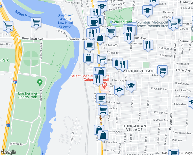 map of restaurants, bars, coffee shops, grocery stores, and more near 1351 South High Street in Columbus