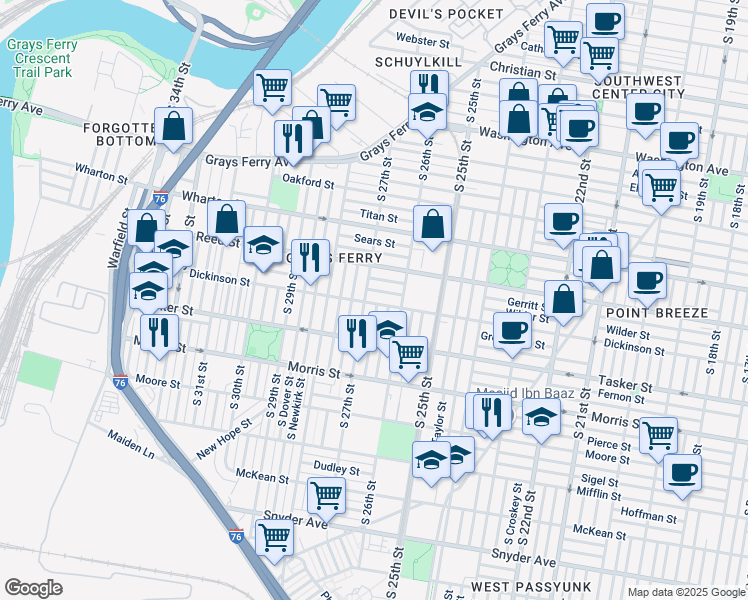 map of restaurants, bars, coffee shops, grocery stores, and more near 2641 Dickinson Street in Philadelphia
