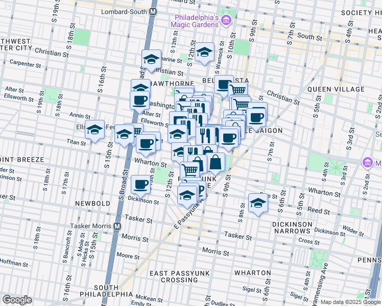 map of restaurants, bars, coffee shops, grocery stores, and more near 1206 South 11th Street in Philadelphia
