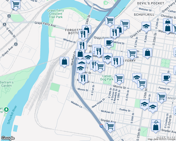 map of restaurants, bars, coffee shops, grocery stores, and more near 1541 South 32nd Street in Philadelphia