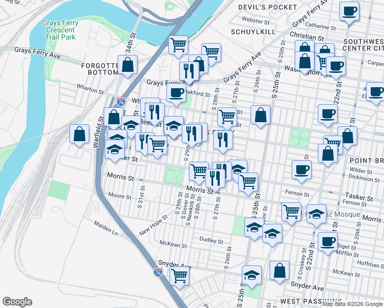 map of restaurants, bars, coffee shops, grocery stores, and more near 1509 South Dover Street in Philadelphia