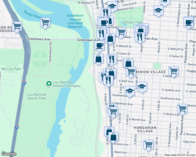 map of restaurants, bars, coffee shops, grocery stores, and more near 64 West Neff Avenue in Columbus