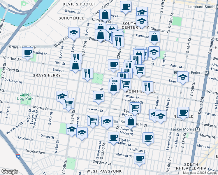 map of restaurants, bars, coffee shops, grocery stores, and more near 2216 Reed Street in Philadelphia
