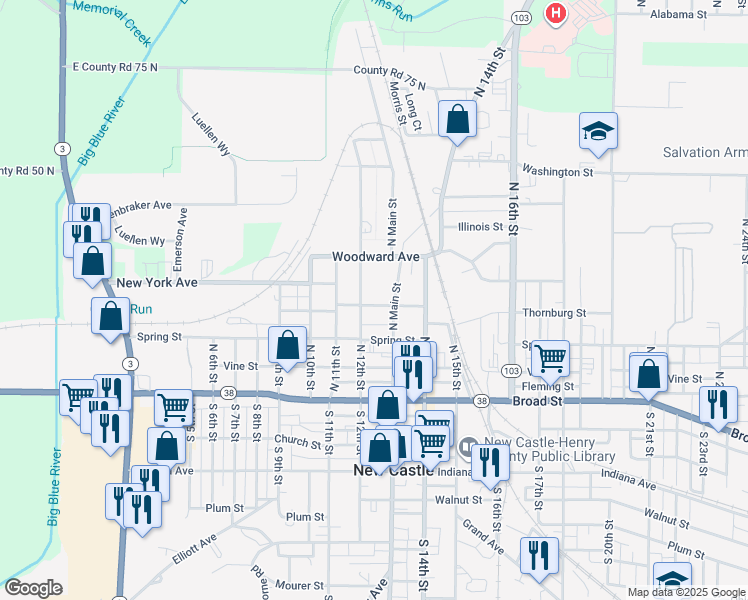 map of restaurants, bars, coffee shops, grocery stores, and more near 1216 Thornburg Street in New Castle