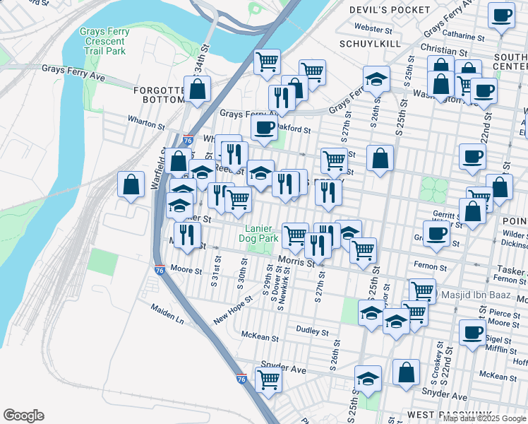 map of restaurants, bars, coffee shops, grocery stores, and more near 1519 South Myrtlewood Street in Philadelphia