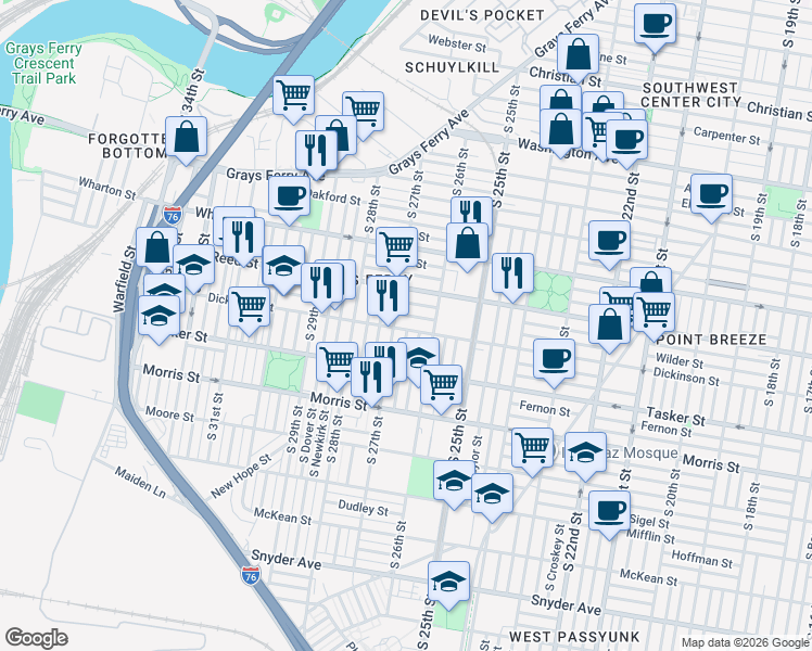 map of restaurants, bars, coffee shops, grocery stores, and more near 2639 Dickinson Street in Philadelphia