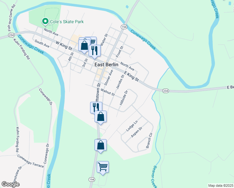 map of restaurants, bars, coffee shops, grocery stores, and more near 210 Jacobs Street in East Berlin