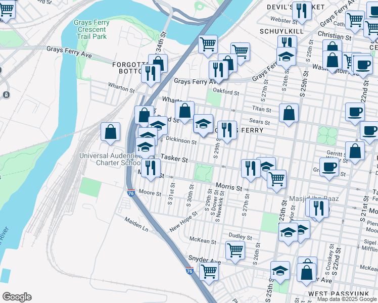 map of restaurants, bars, coffee shops, grocery stores, and more near 1524 South Corlies Street in Philadelphia