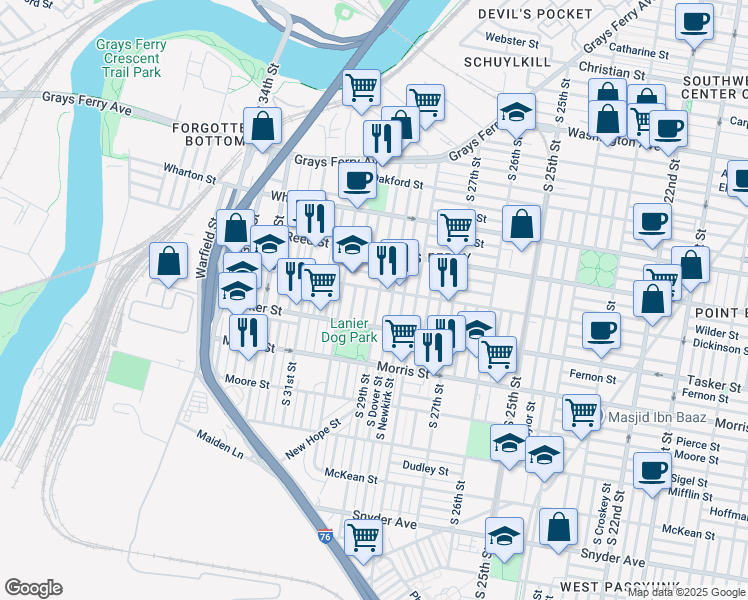 map of restaurants, bars, coffee shops, grocery stores, and more near 1512 South 29th Street in Philadelphia