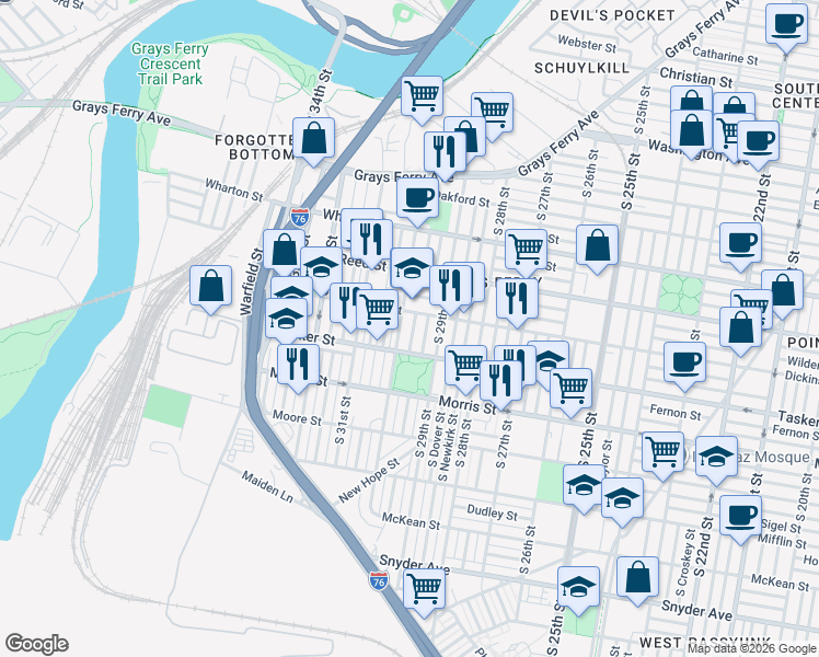 map of restaurants, bars, coffee shops, grocery stores, and more near 1519 South Myrtlewood Street in Philadelphia