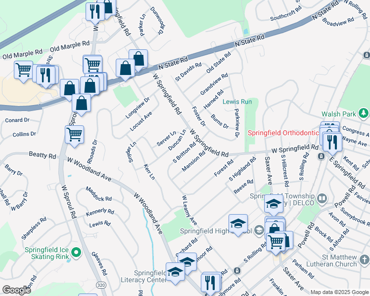 map of restaurants, bars, coffee shops, grocery stores, and more near 26 South Britton Road in Springfield