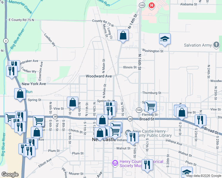 map of restaurants, bars, coffee shops, grocery stores, and more near 1320 Thornburg Street in New Castle