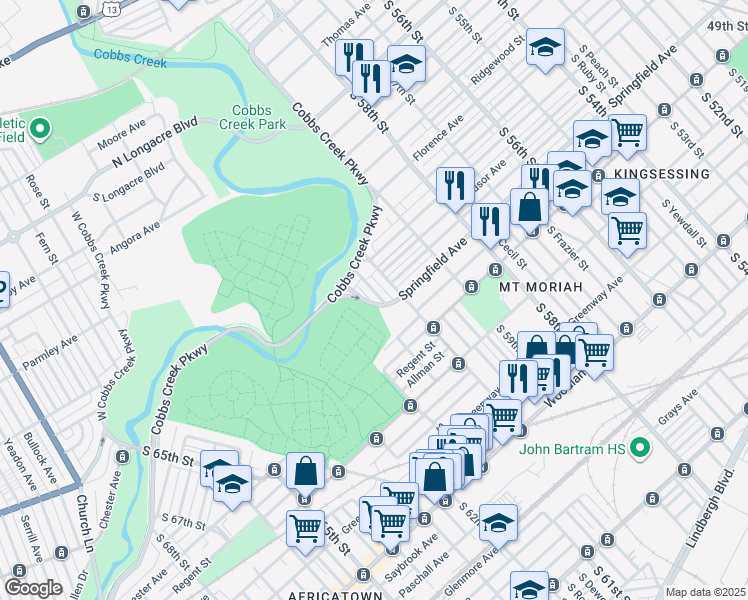 map of restaurants, bars, coffee shops, grocery stores, and more near 1748 South Edgewood Street in Philadelphia