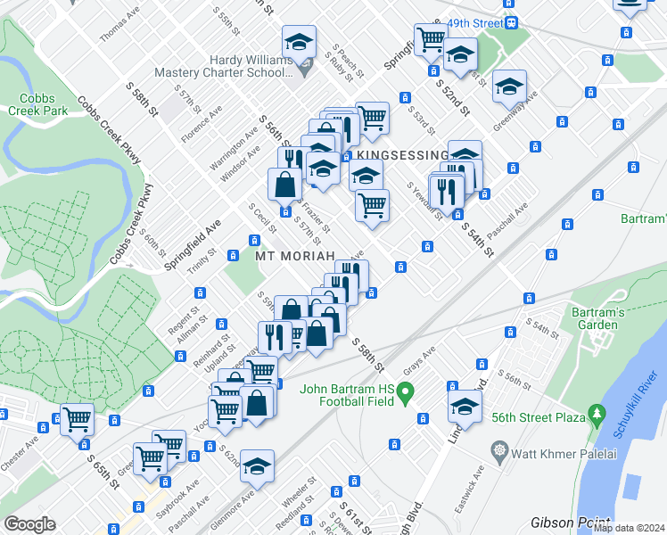 map of restaurants, bars, coffee shops, grocery stores, and more near 2056 South 57th Street in Philadelphia