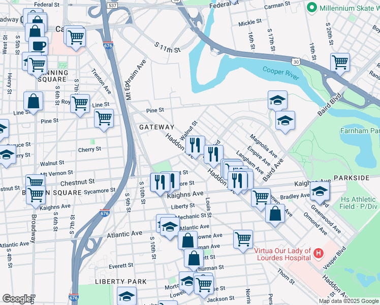 map of restaurants, bars, coffee shops, grocery stores, and more near 1046 Haddon Avenue in Camden