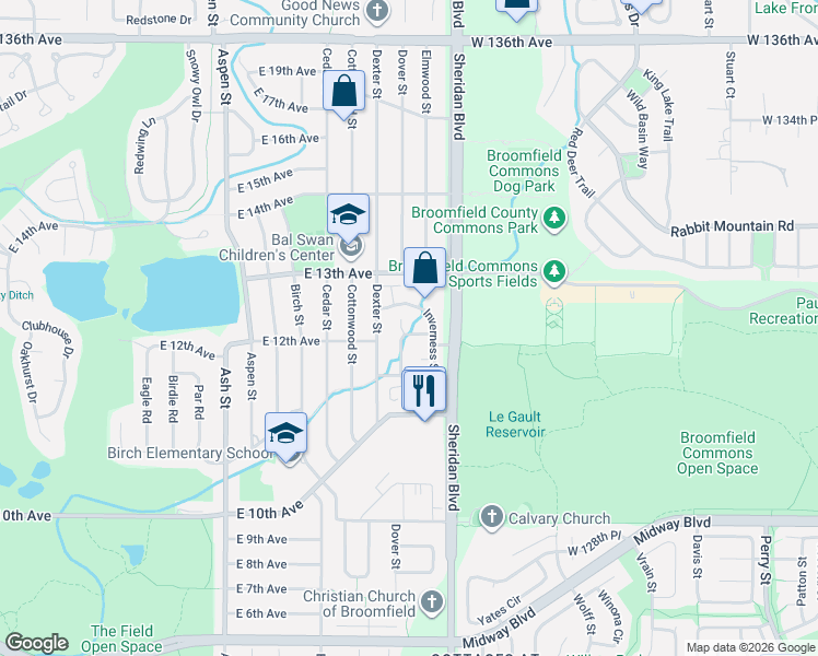 map of restaurants, bars, coffee shops, grocery stores, and more near 1143 East 12th Avenue in Broomfield