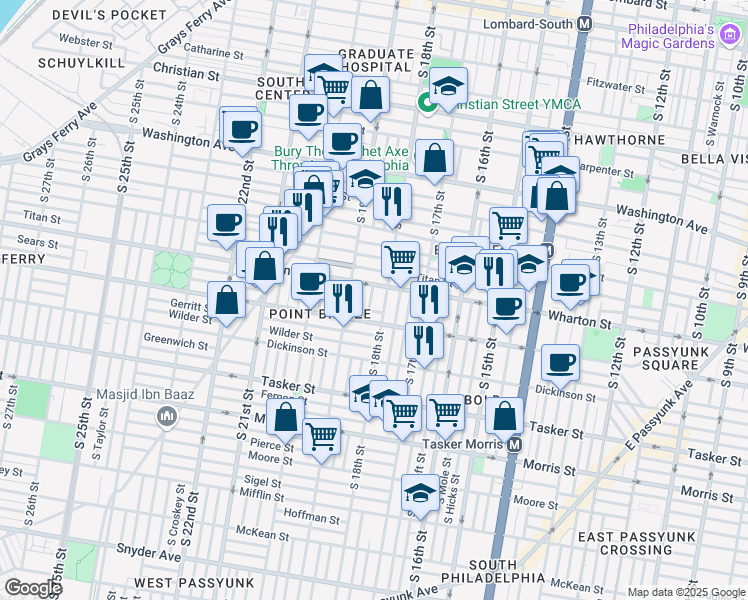 map of restaurants, bars, coffee shops, grocery stores, and more near 1325 South Cleveland Street in Philadelphia