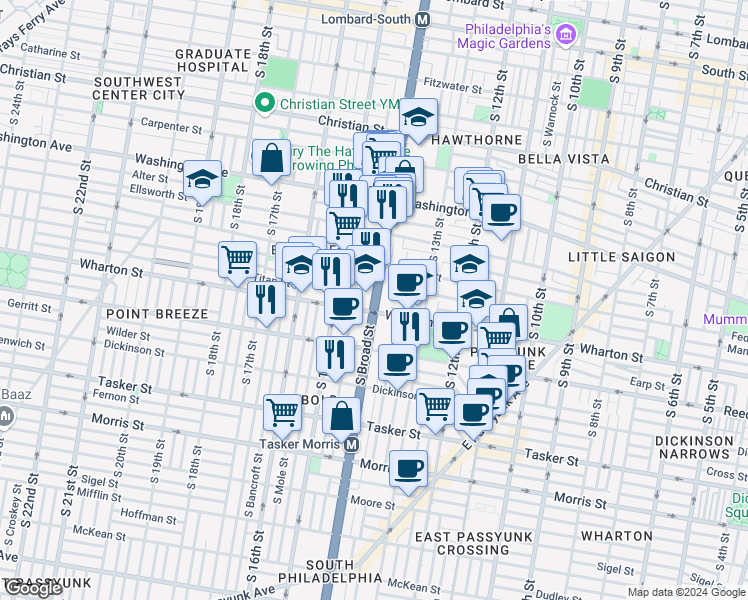 map of restaurants, bars, coffee shops, grocery stores, and more near 1236 Broad Street in Philadelphia