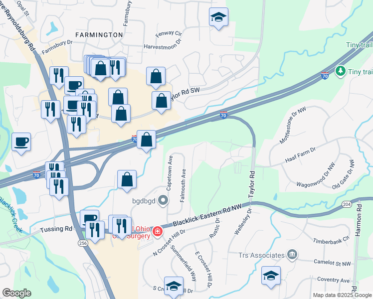 map of restaurants, bars, coffee shops, grocery stores, and more near 13636 Falmouth Ave in Pickerington