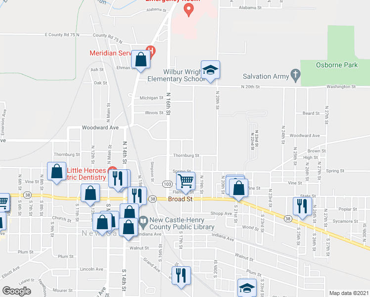 map of restaurants, bars, coffee shops, grocery stores, and more near 414 North 17th Street in New Castle
