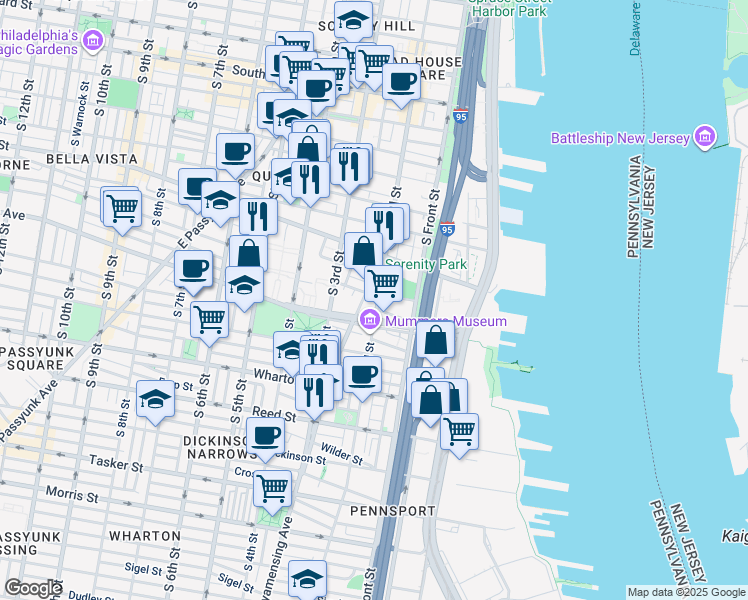 map of restaurants, bars, coffee shops, grocery stores, and more near 1020 South 2nd Street in Philadelphia