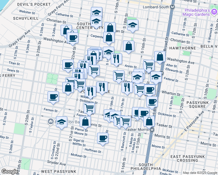 map of restaurants, bars, coffee shops, grocery stores, and more near 1316 South Cleveland Street in Philadelphia