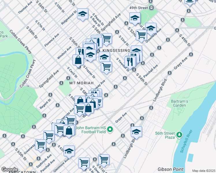 map of restaurants, bars, coffee shops, grocery stores, and more near 2125 South Frazier Street in Philadelphia