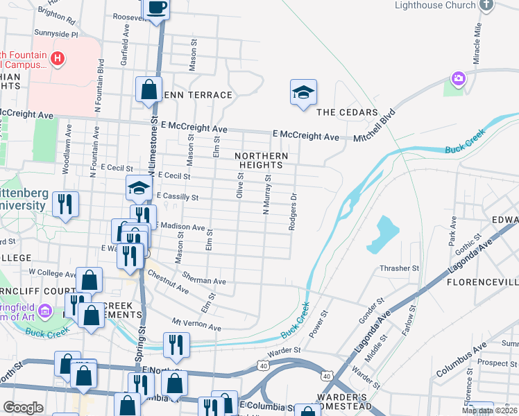 map of restaurants, bars, coffee shops, grocery stores, and more near 611 East Cassilly Street in Springfield