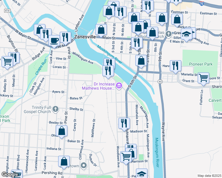 map of restaurants, bars, coffee shops, grocery stores, and more near 322 Washington Street in Zanesville