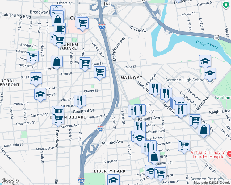 map of restaurants, bars, coffee shops, grocery stores, and more near North-South Freeway in Camden