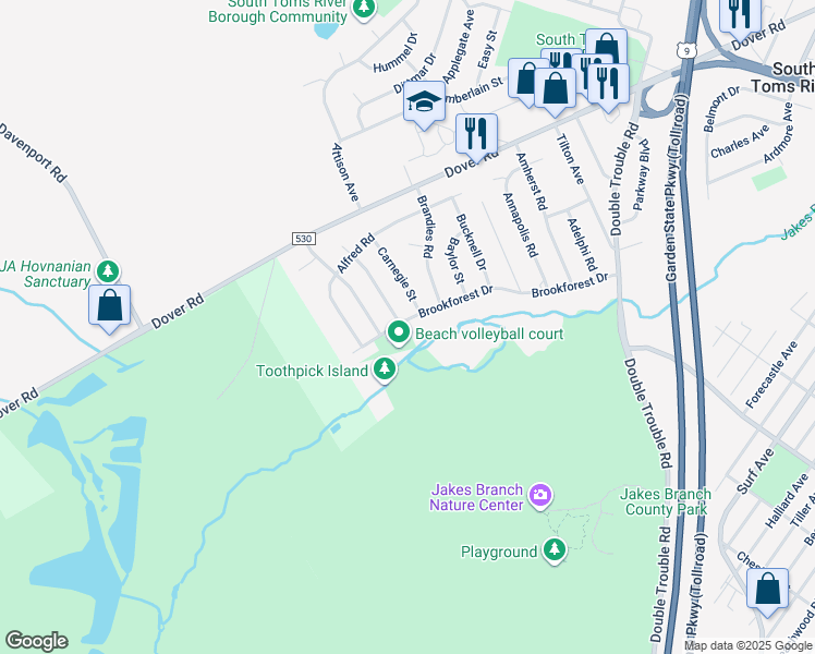 map of restaurants, bars, coffee shops, grocery stores, and more near 462 Brookforest Drive in Toms River