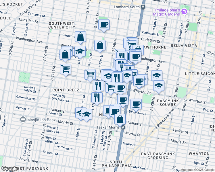 map of restaurants, bars, coffee shops, grocery stores, and more near South 16th Street & Wharton Street in Philadelphia