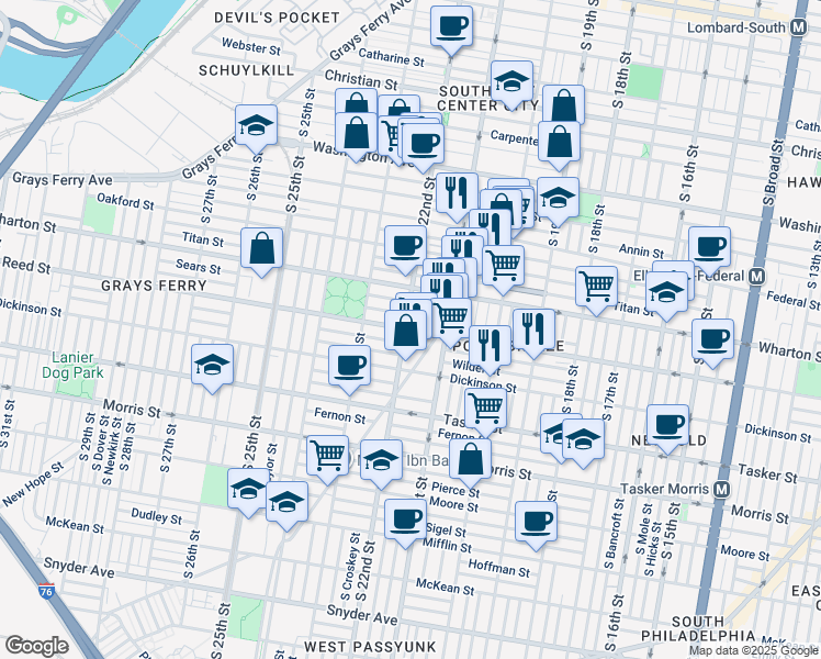 map of restaurants, bars, coffee shops, grocery stores, and more near 1401 South 22nd Street in Philadelphia