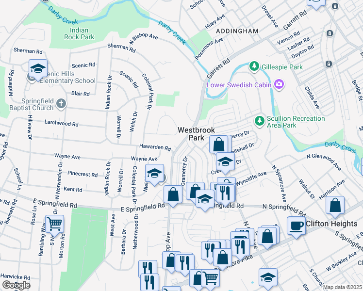map of restaurants, bars, coffee shops, grocery stores, and more near 351 North Bishop Avenue in Clifton Heights