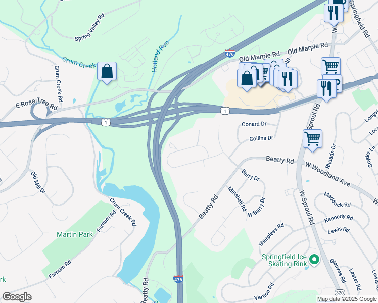 map of restaurants, bars, coffee shops, grocery stores, and more near 770 Louise Drive in Springfield