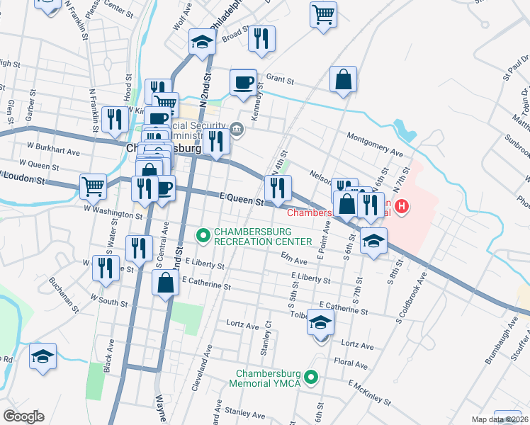 map of restaurants, bars, coffee shops, grocery stores, and more near 386 East Queen Street in Chambersburg
