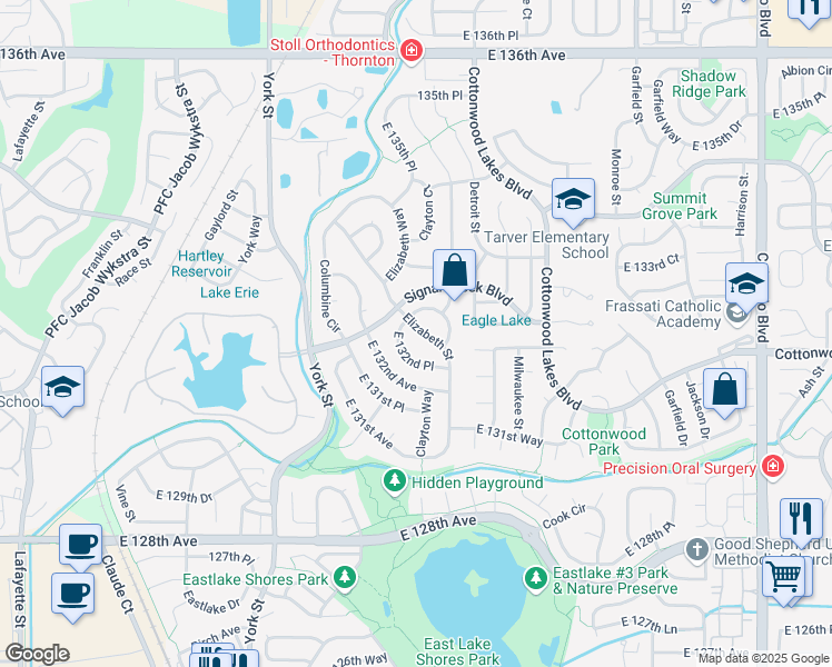 map of restaurants, bars, coffee shops, grocery stores, and more near 13287 Elizabeth Street in Thornton