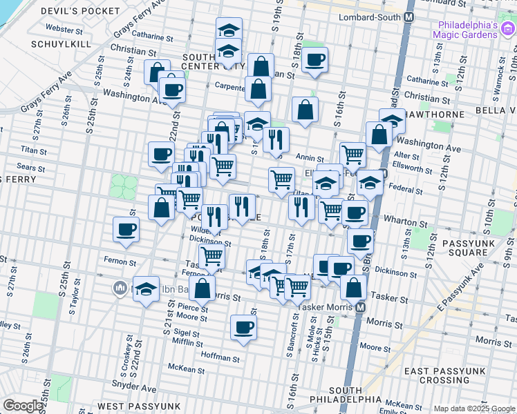map of restaurants, bars, coffee shops, grocery stores, and more near 1316 South Cleveland Street in Philadelphia