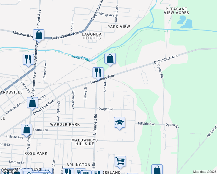 map of restaurants, bars, coffee shops, grocery stores, and more near 1010 Alta Road in Springfield