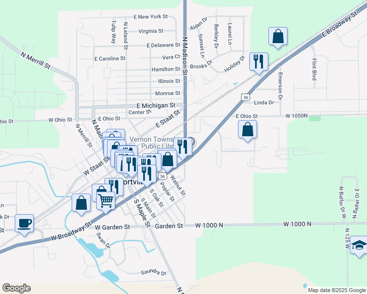 map of restaurants, bars, coffee shops, grocery stores, and more near 602 Pearl Street in Fortville