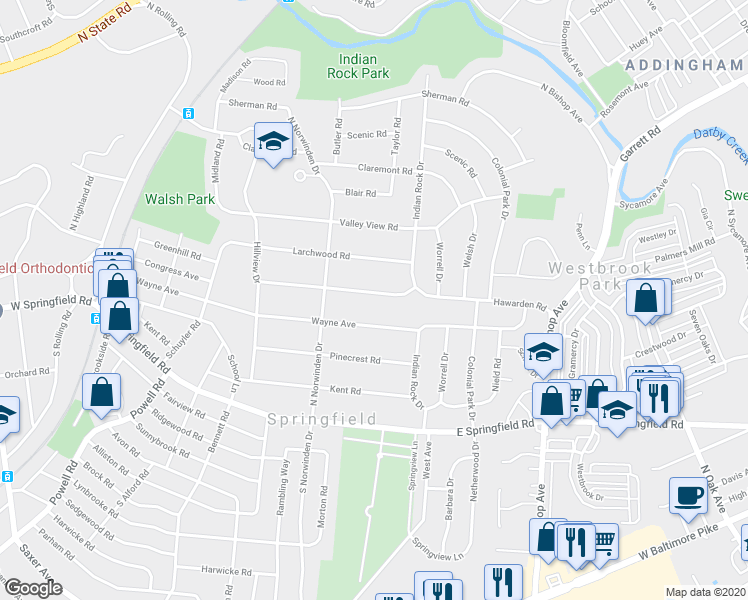 map of restaurants, bars, coffee shops, grocery stores, and more near 454 Hawarden Road in Springfield