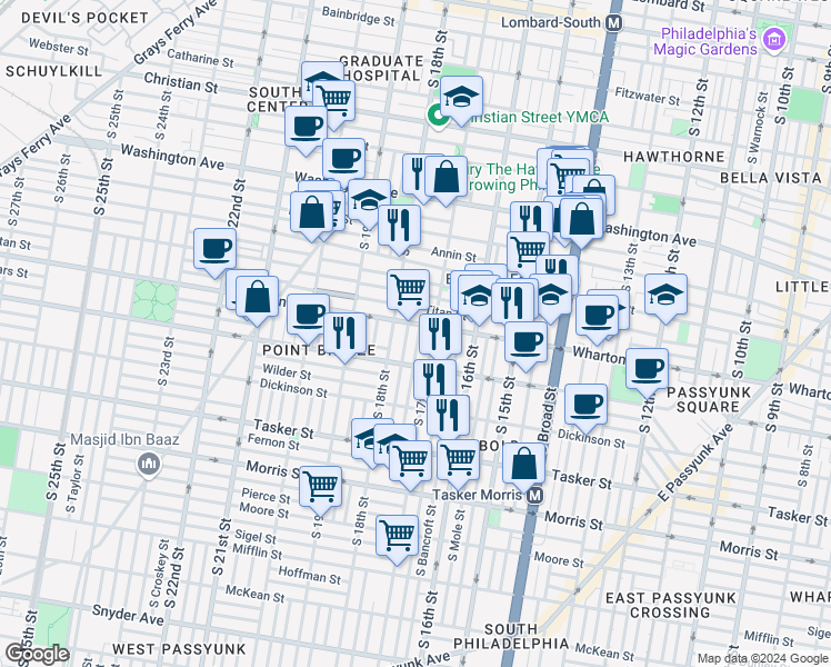 map of restaurants, bars, coffee shops, grocery stores, and more near 1308 South 17th Street in Philadelphia