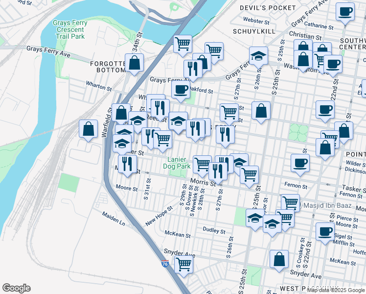 map of restaurants, bars, coffee shops, grocery stores, and more near 1514 South Hollywood Street in Philadelphia