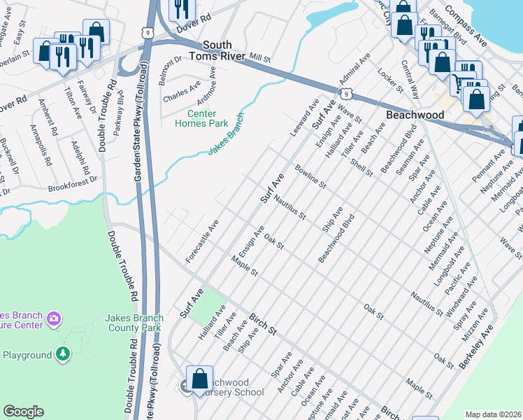 map of restaurants, bars, coffee shops, grocery stores, and more near 625 Surf Avenue in Beachwood