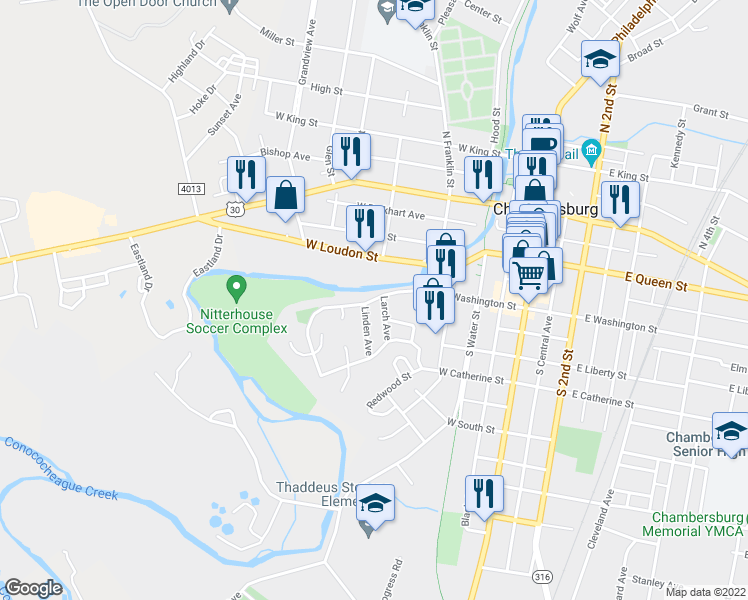 map of restaurants, bars, coffee shops, grocery stores, and more near 299 West Washington Street in Chambersburg