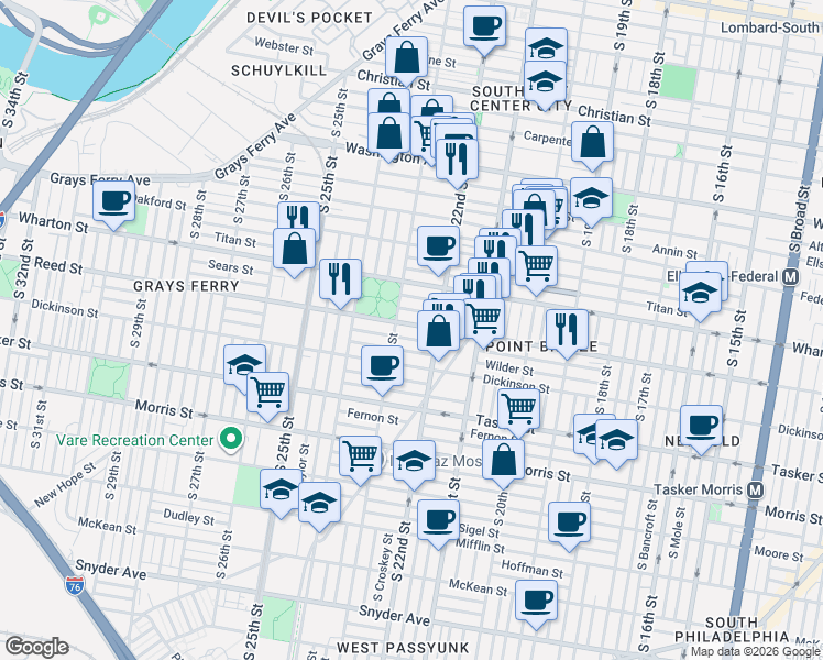 map of restaurants, bars, coffee shops, grocery stores, and more near 2216 Reed Street in Philadelphia